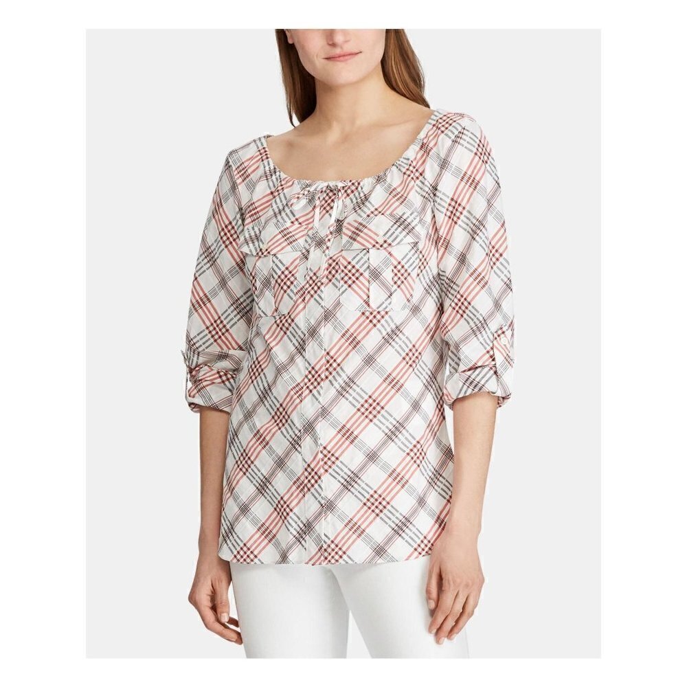 Lauren Ralph lauren plaid tie neck button down top size M